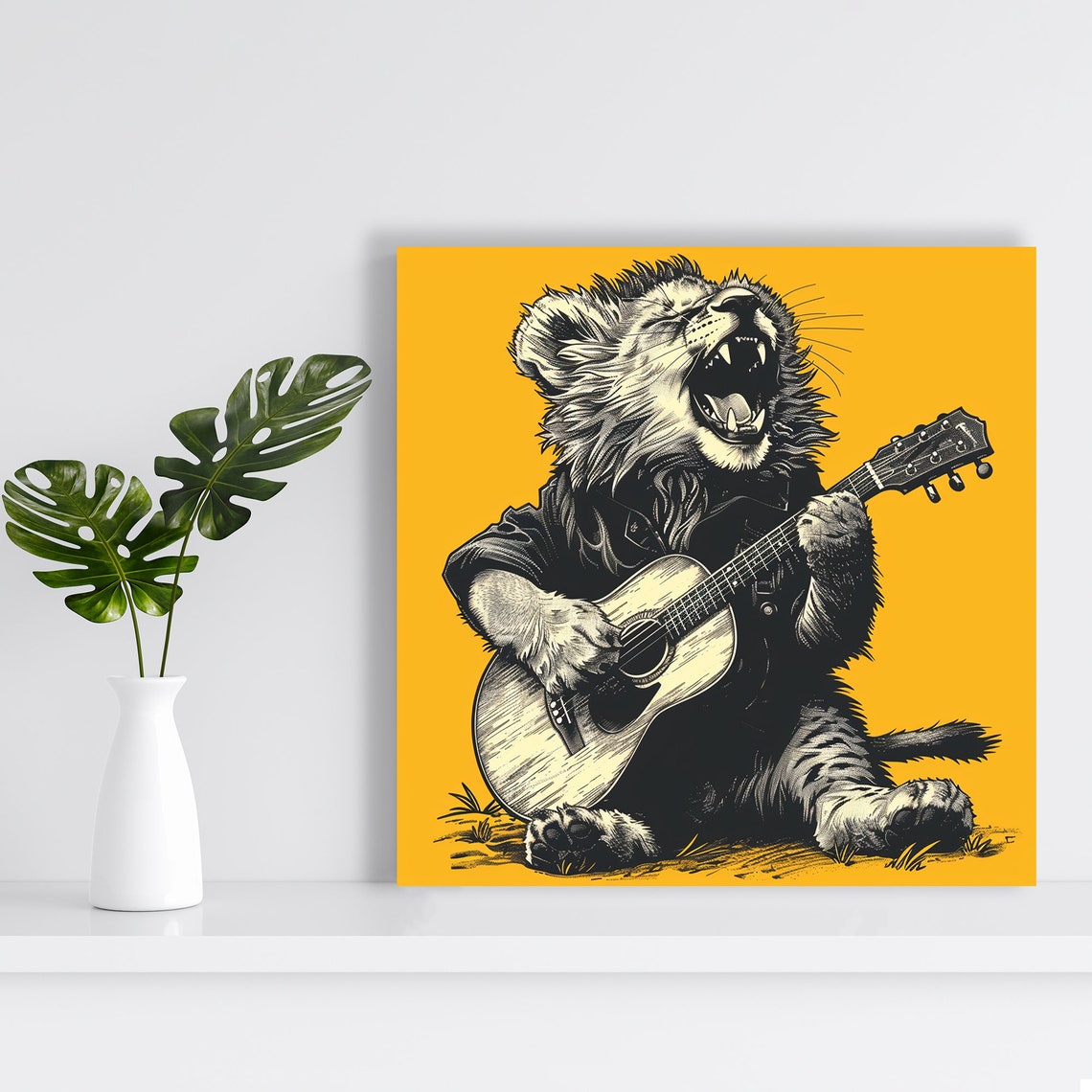 Roaring Rock Lion Playing Guitar Vintage Engraving Cool Music Poster - Image 2