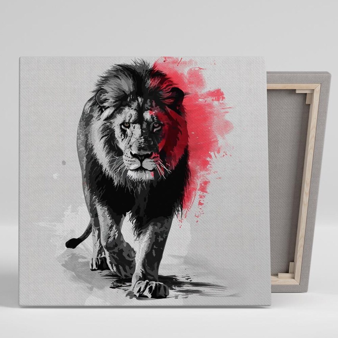 Lion Walking Forward Black White Red Splash Powerful Majestic Animal Wall Art Poster