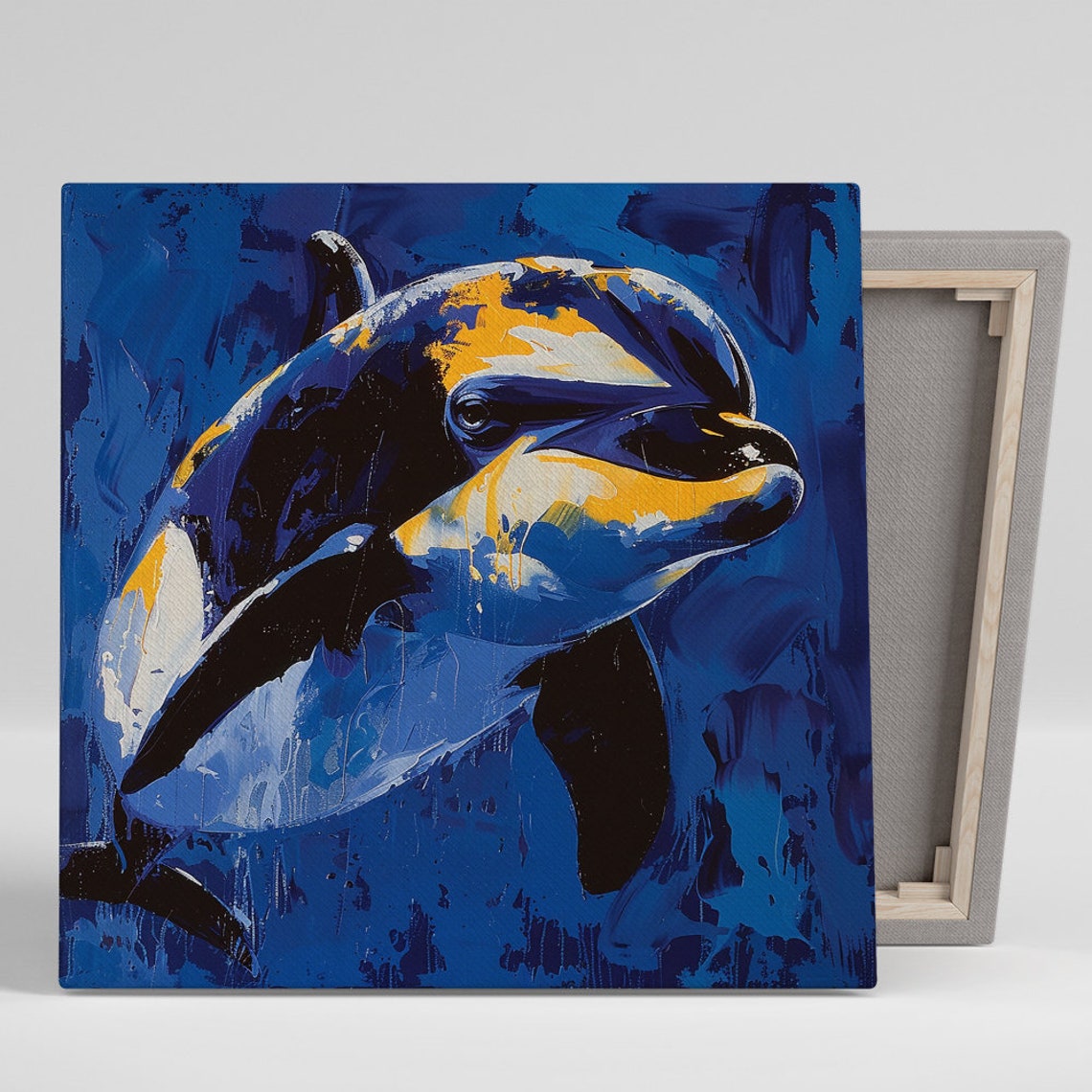 Abstract Blue Dolphin Golden Ocean Brushstroke Art Wall Poster
