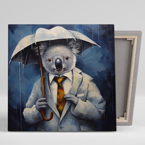 Dapper Koala In White Suit Holding Umbrella Rainy Night Blue Poster