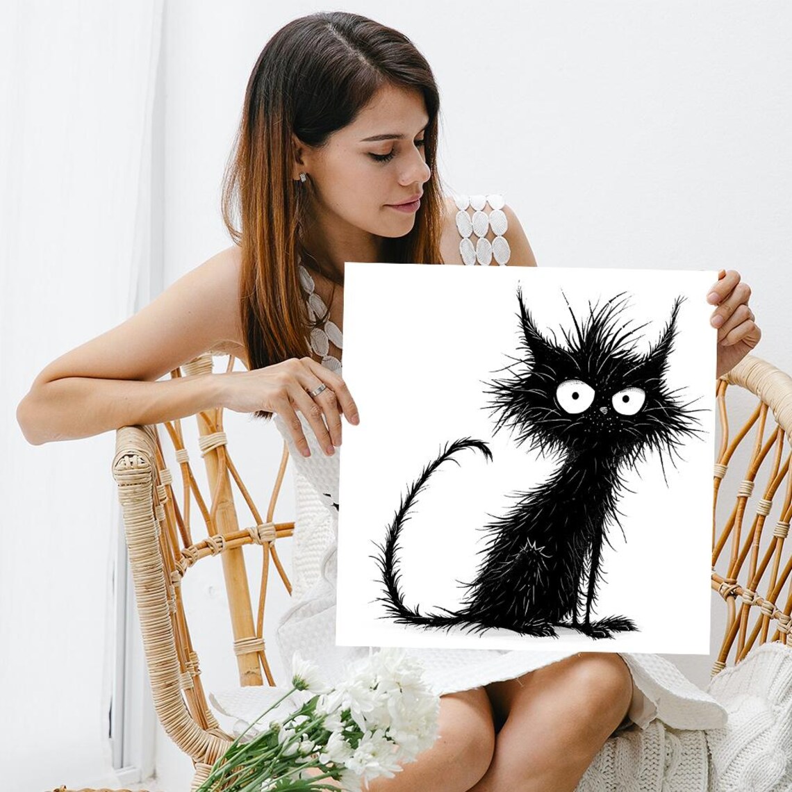 Scruffy Black Cat Wild Spiky Fur Big Eyes Funny Cartoon Wall Art Print Poster - Image 3