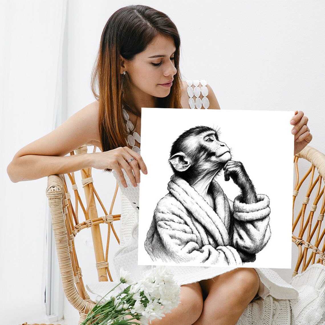 Thoughtful Monkey In Bathrobe Resting Chin On Hand Black And White Art Poster - Image 5