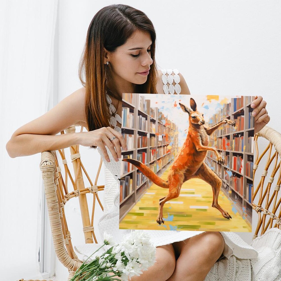 Dancing Kangaroo Library Aisle Playful Orange Bookstore Wall Art Poster - Image 3