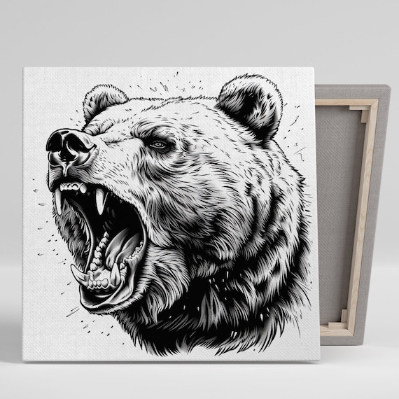 Roaring Bear Head Black White Sketch Intense Wildlife Art Poster