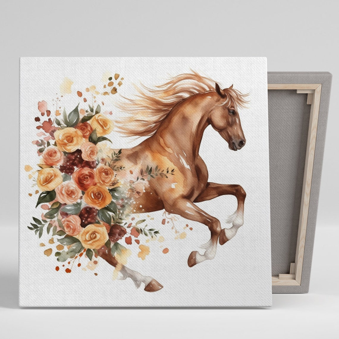 Brown Horse Galloping Roses Floral Watercolor Wall Art Poster