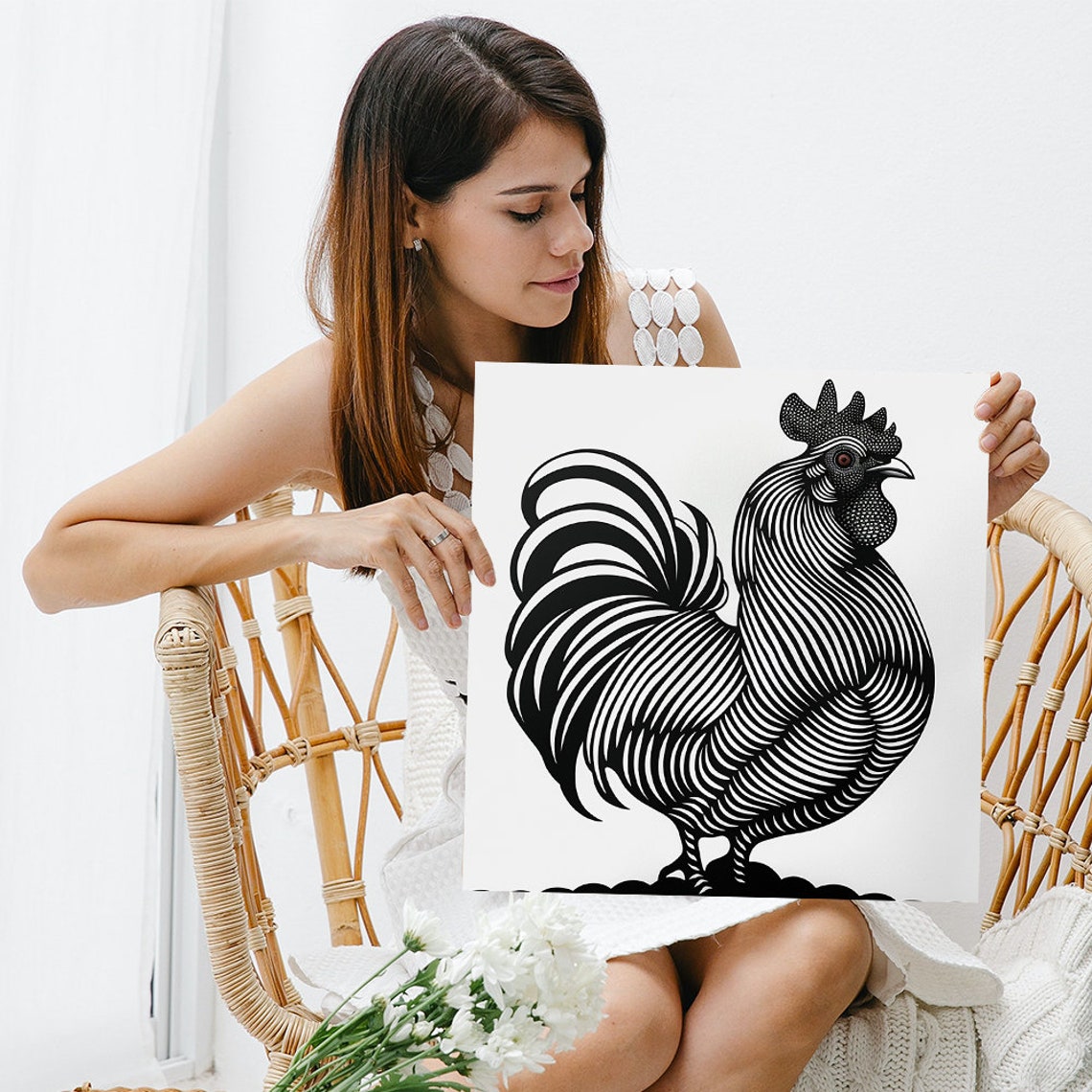 Rooster Black White Elegant Linework Rustic Farmhouse Poster - Image 3