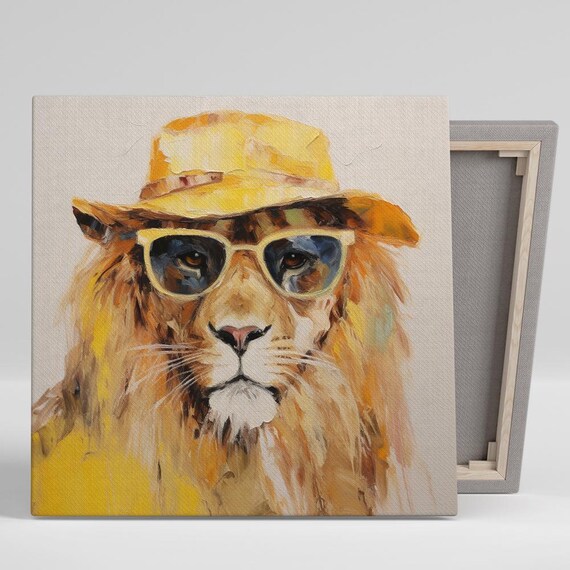 Lion Wearing Sunglasses Yellow Safari Hat Impressionist Portrait Wall Art Poster