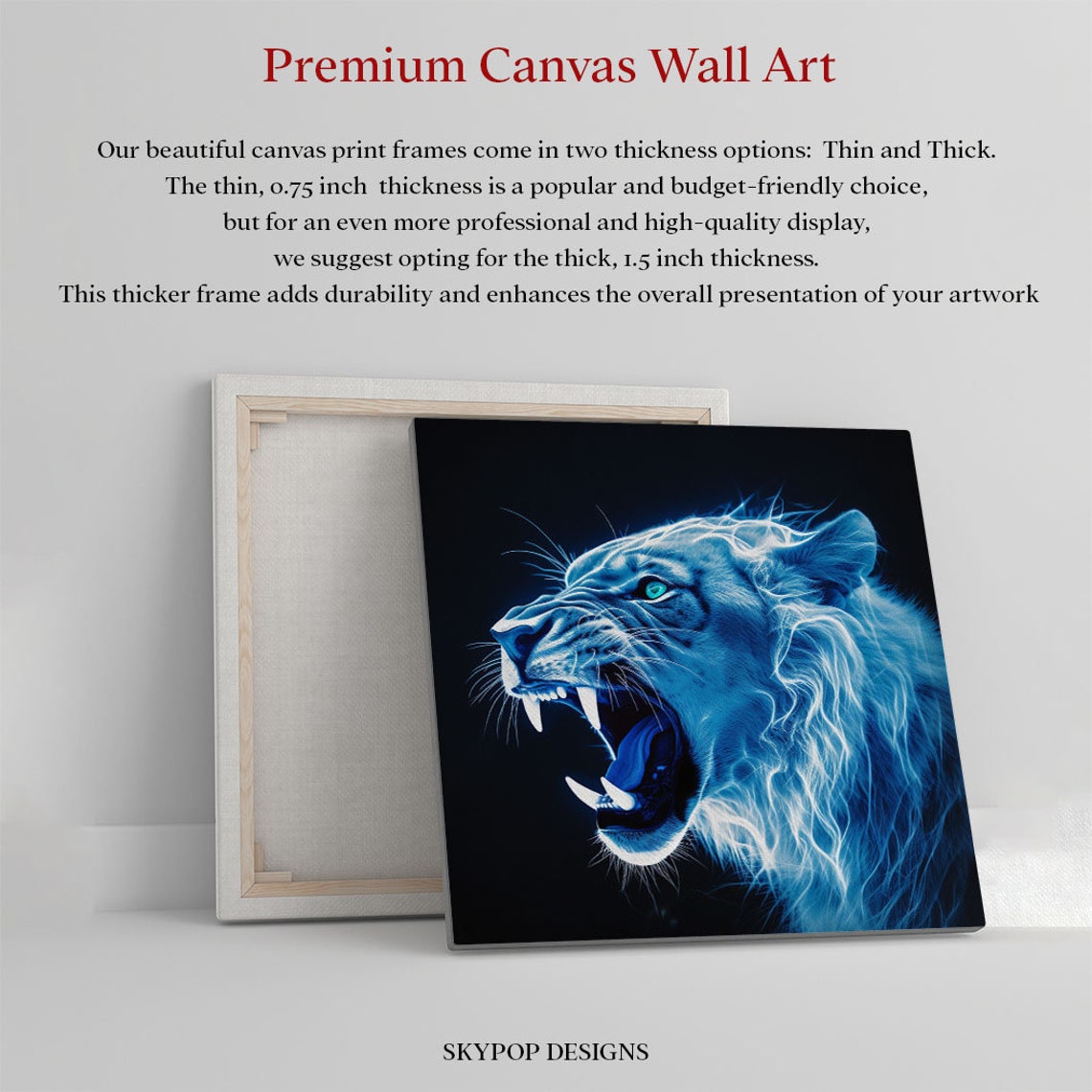 Neon Blue Roaring Lion Wild Mane Black Canvas Animal Art Poster - Image 2