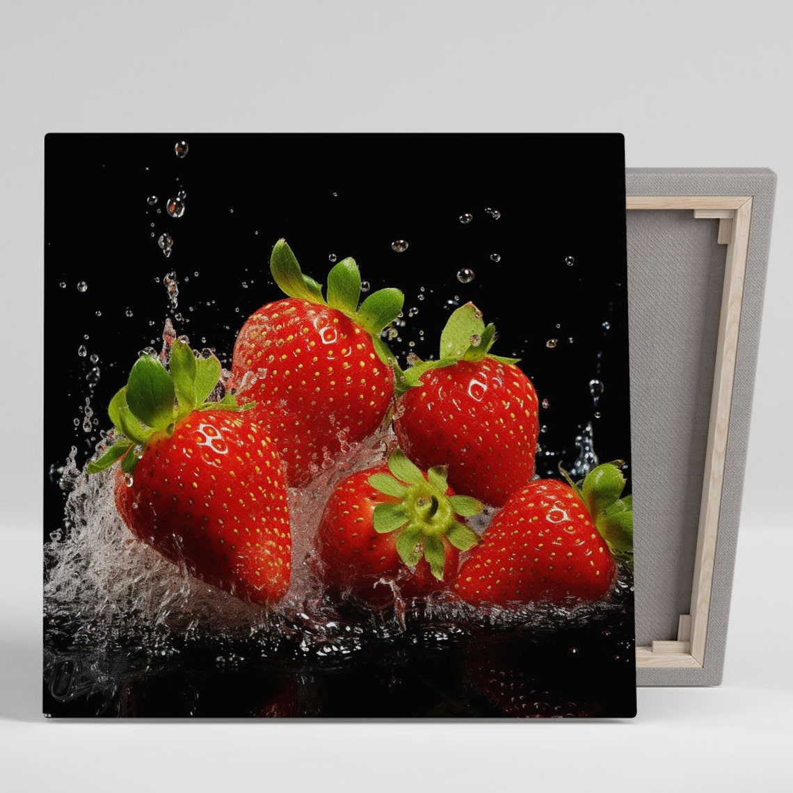 Juicy Strawberries Water Splash Dramatic Black Kitchen Art Poster