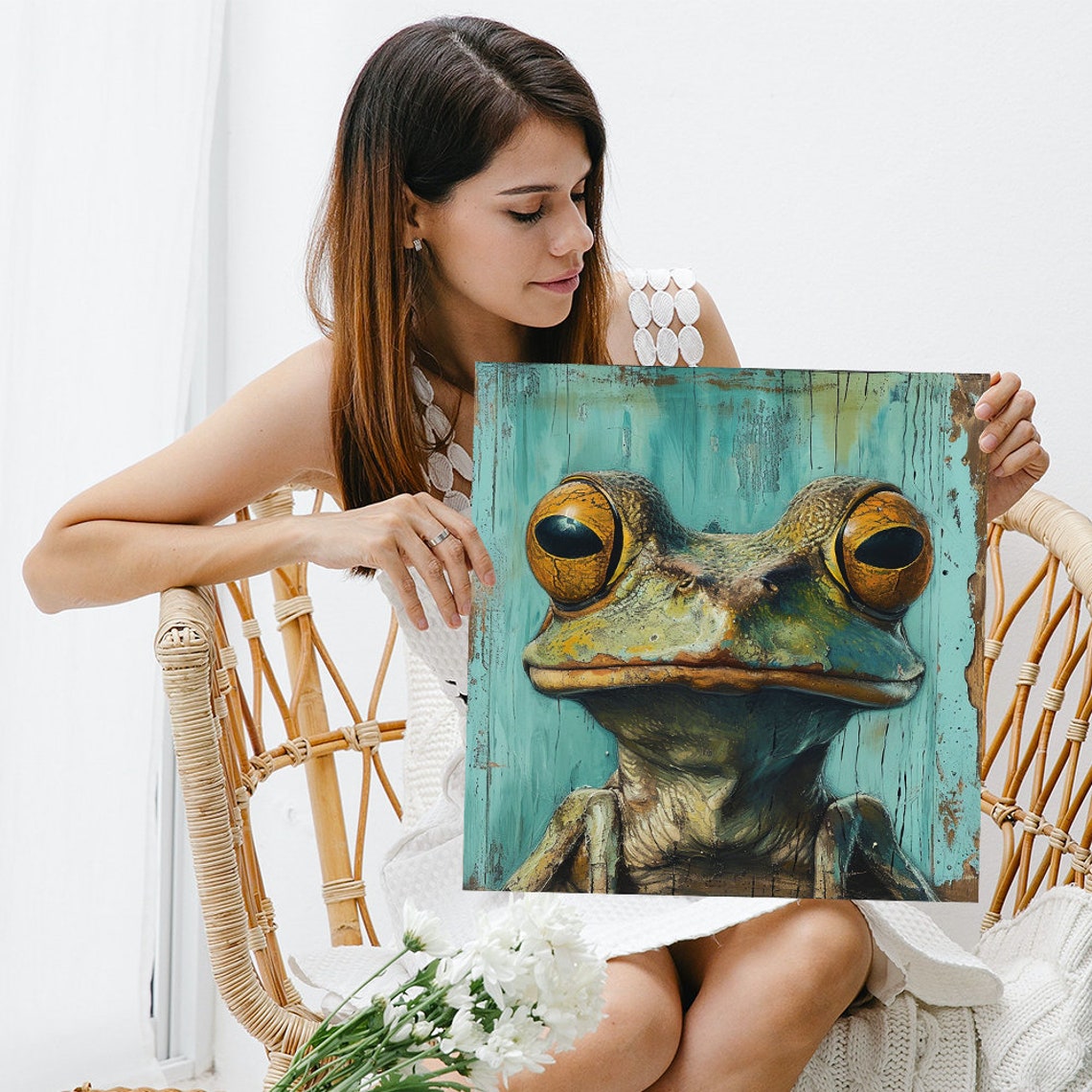 Big Eyed Frog Portrait On Distressed Turquoise Wood Rustic Art Poster - Image 3