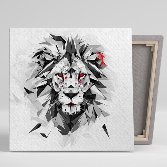 Geometric Lion Red Eyes Abstract Black White Modern Animal Art Poster
