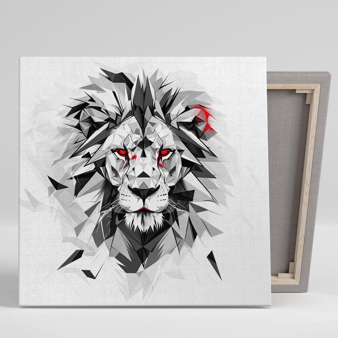 Geometric Lion Red Eyes Abstract Black White Modern Animal Art Poster