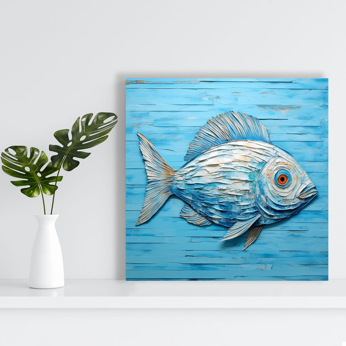 Blue And White Fish Paper Art Coastal Textured Ocean Wall Art Poster - Image 3