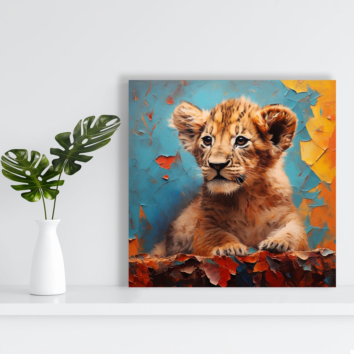 Adorable Baby Lion Cub Painted Peeling Paint Turquoise Art Poster - Image 2