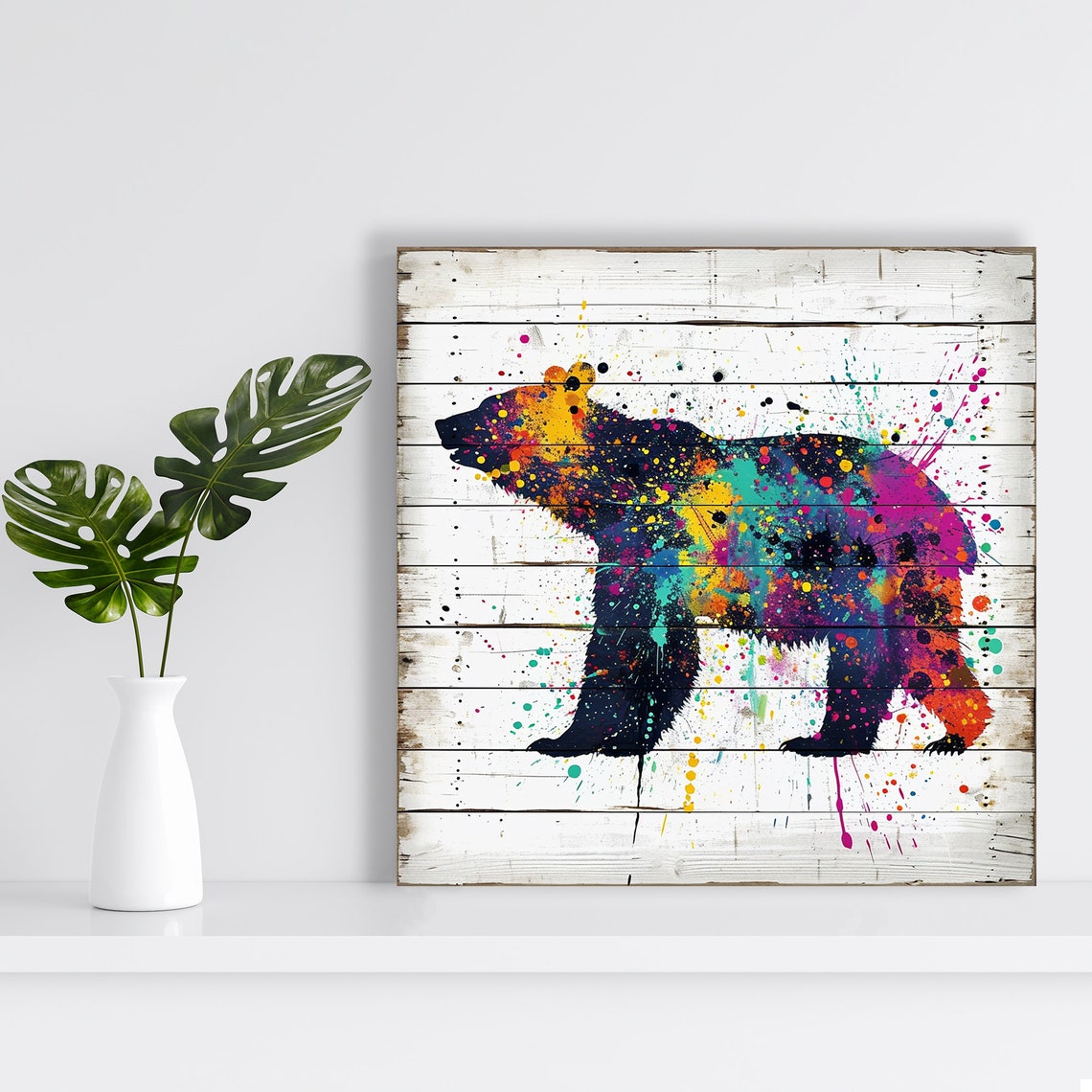Paint Splash Bear Silhouette Colorful Abstract Wood Background Poster - Image 2