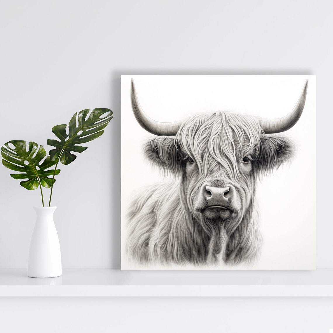 Highland Cow Black and White Pencil Portrait Rustic Farmhouse Poster - Image 2