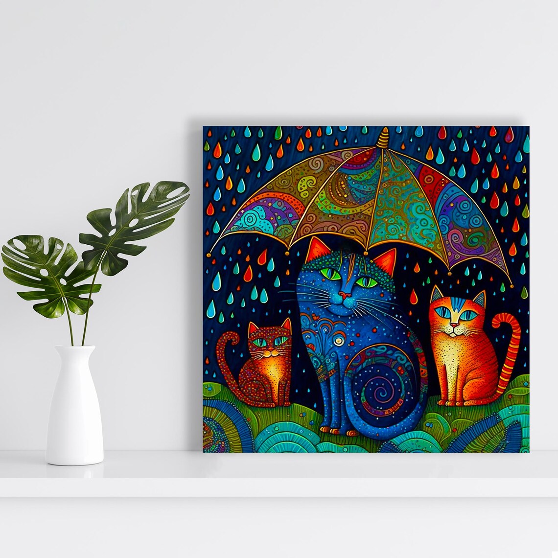 Colorful Cat Umbrella Harmony, Whimsical Animal Art Print - Image 2