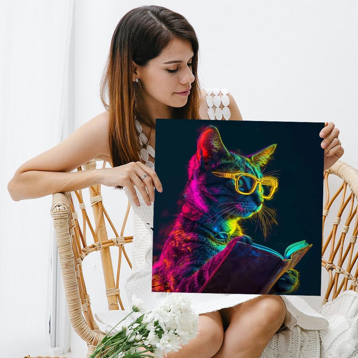 Neon Scholar Cat Reading Book With Yellow Glasses Dark Pop Art Wall Poster - Image 3