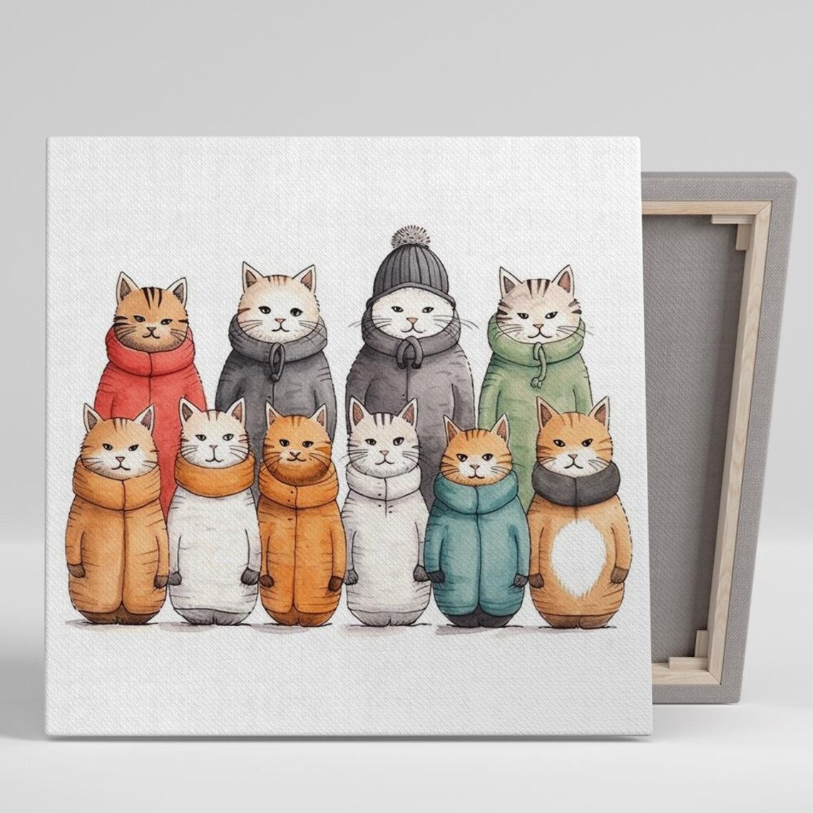 Cozy Cats Winter Coats Watercolor Nine Cute Feline Friends Art Poster