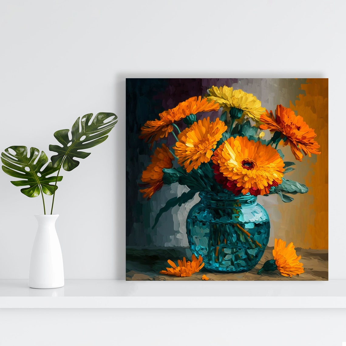 Orange Marigold Bouquet Blue Glass Jar Painterly Floral Wall Poster - Image 2