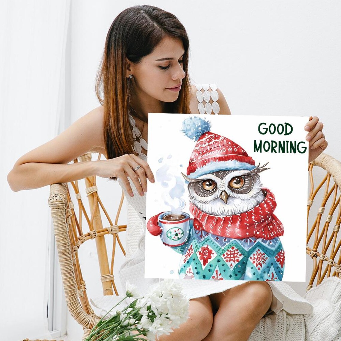 Cozy Winter Owl With Coffee Good Morning Watercolor Art Poster - Image 3