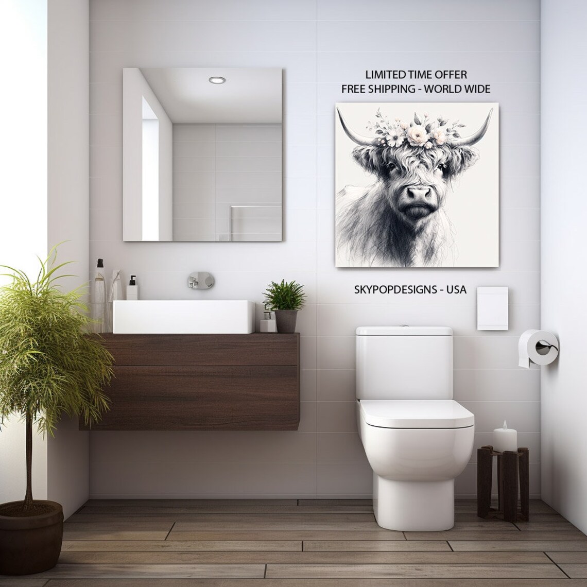 Cow With Flower Crown, Funny Bathroom Art Print - Image 2
