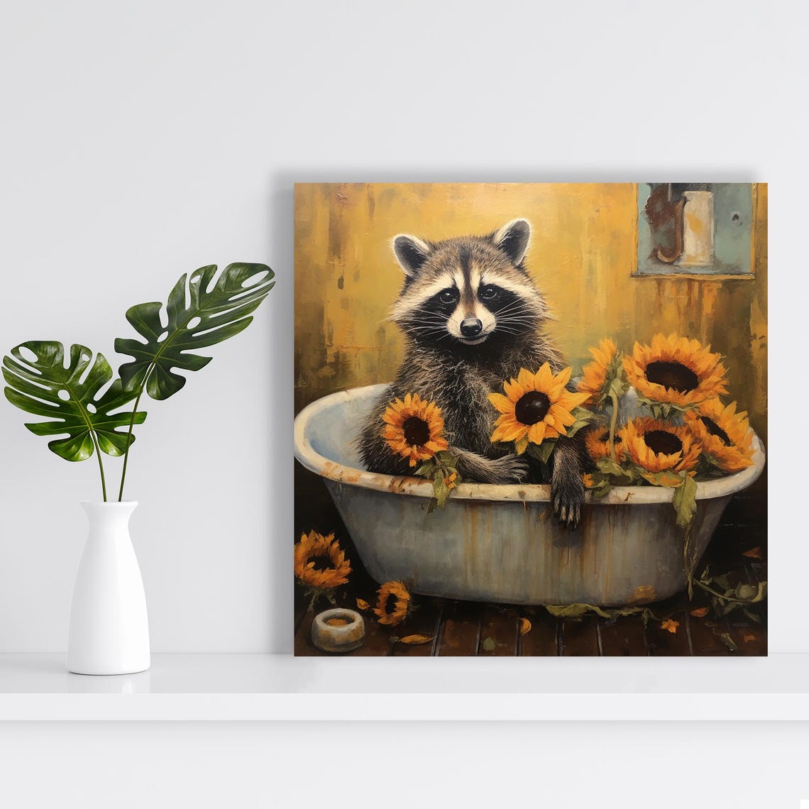 Raccoon In Rustic Bathtub With Sunflowers Vintage Oil Style Poster - Image 2