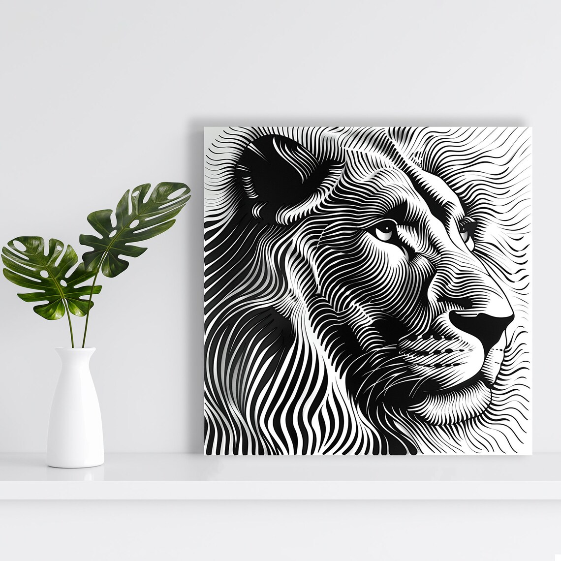 Majestic Lion Lines, Minimalist Black White Art Print - Image 2