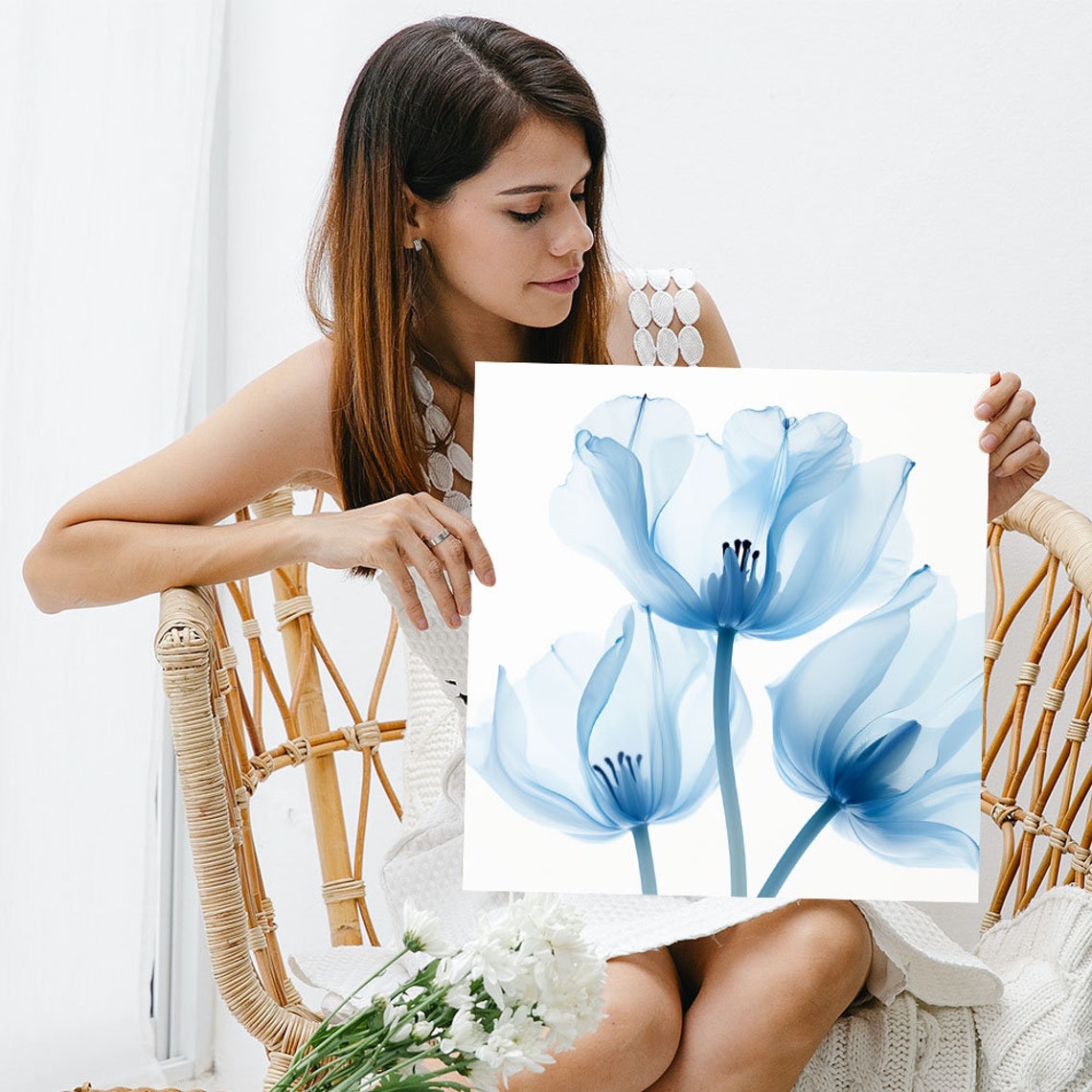 Ethereal Blue Flowers On White Background Soft Botanical Print Poster - Image 3