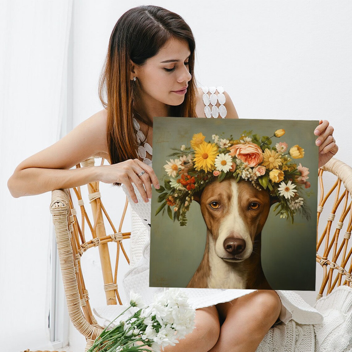 Brown Dog Wearing Flower Crown Yellow Blooms Pet Portrait Poster - Image 3