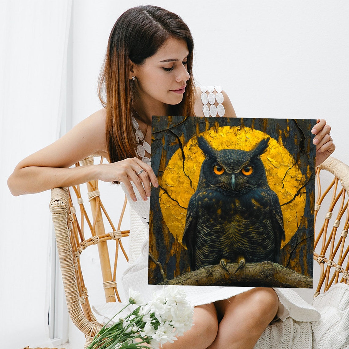 Owl Nocturnal Guardian Art Or Poster Animal Nature Decor Living Room Bedroom Office Game Room Wall Art Yellow Black Brown Orange - Image 3