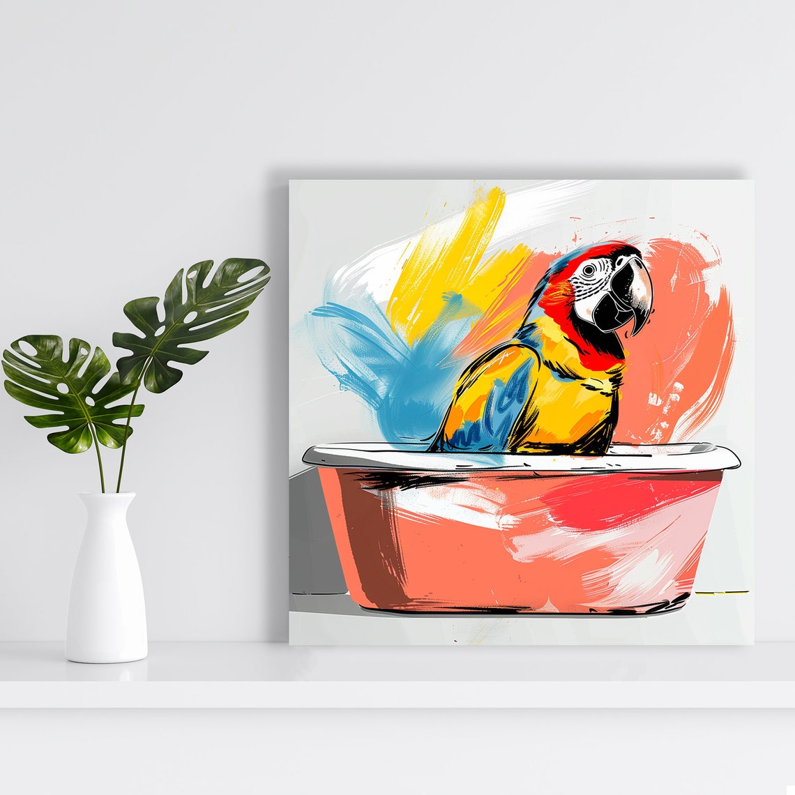 Colorful Macaw Parrot In Bathtub Whimsical Bathroom Animal Poster - Image 2