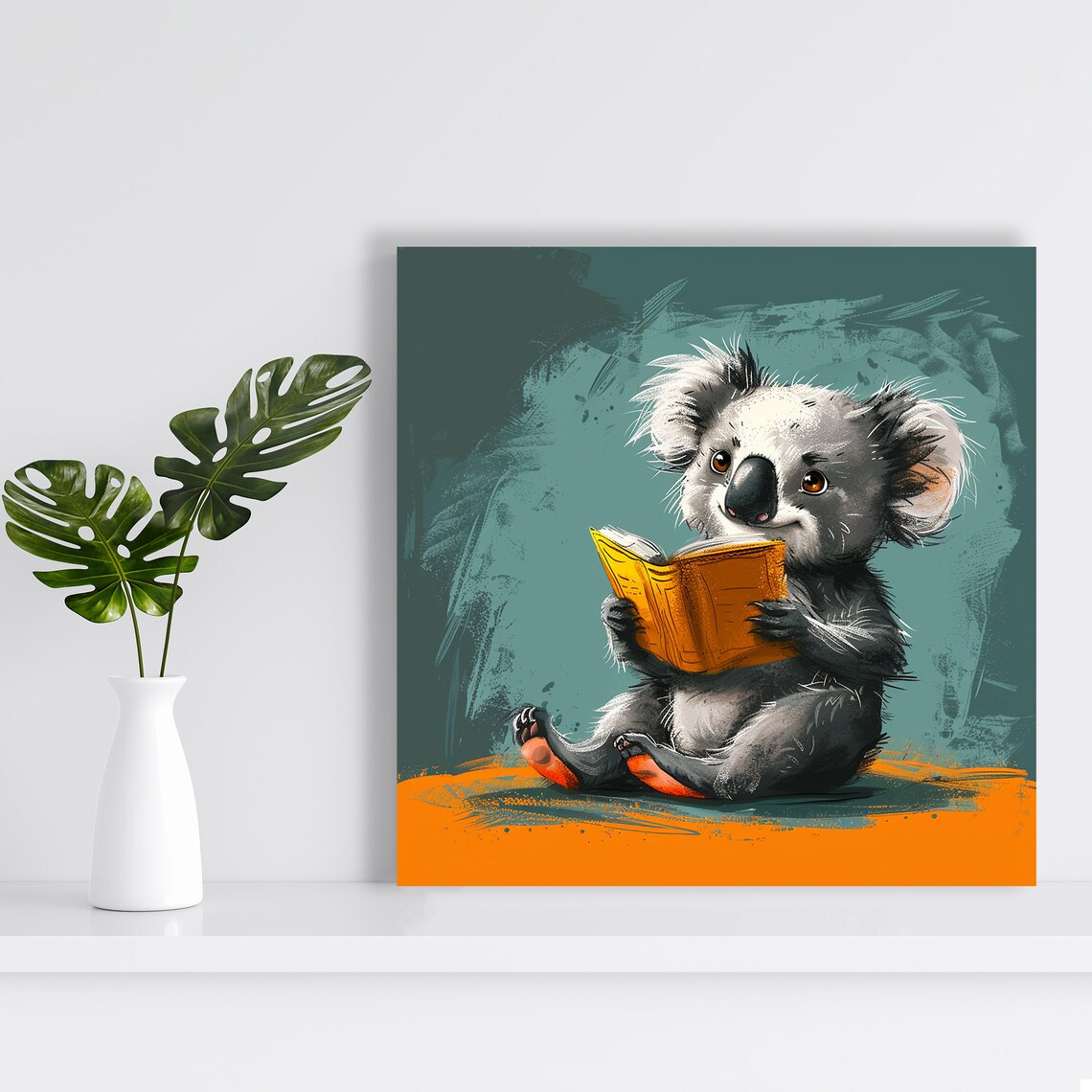 Baby Koala Reading Book Cute Teal Orange Nursery Whimsical Animal Poster - Image 2