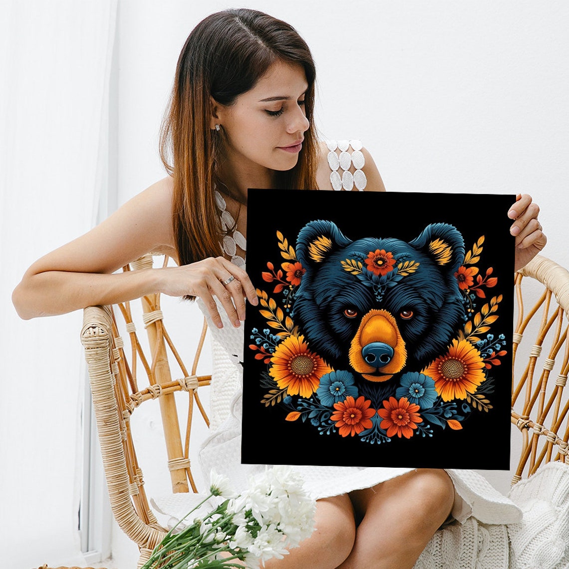 Bear Portrait Surrounded by Floral Blooms Dark Bohemian Wall Poster - Image 3