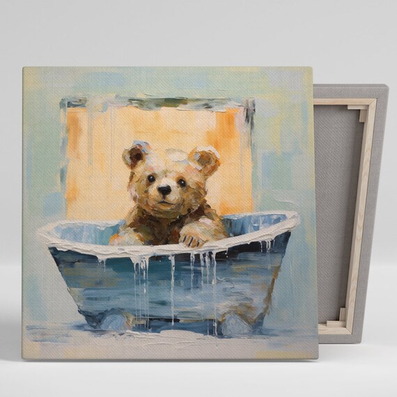 Baby Bear In Bathtub Soft Oil Painting Sweet Nursery Art Poster