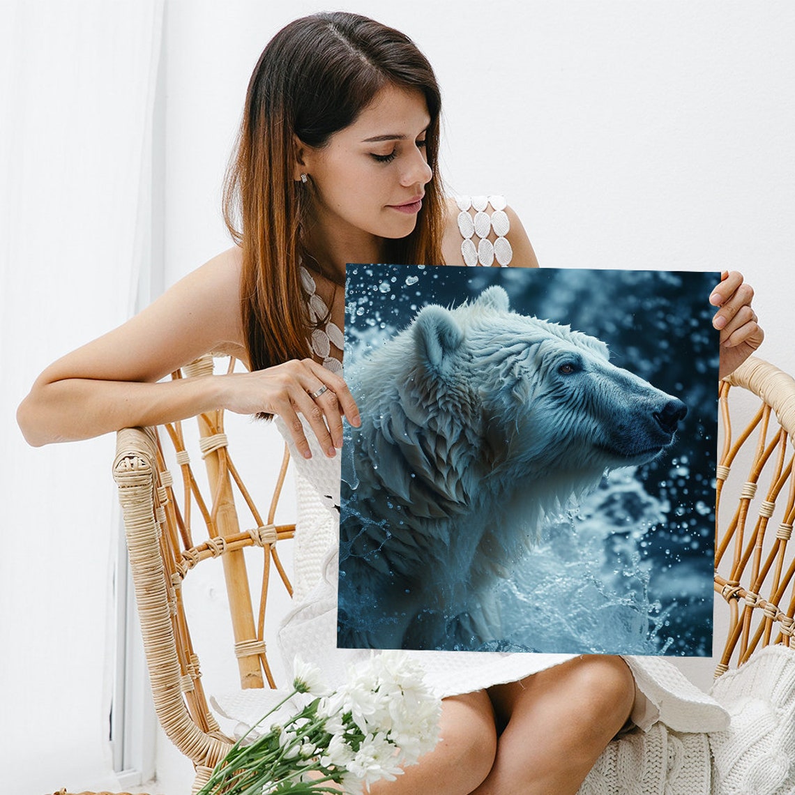Polar Bear Emerging Ocean Waves Dark Blue Wildlife Photography Poster - Image 3