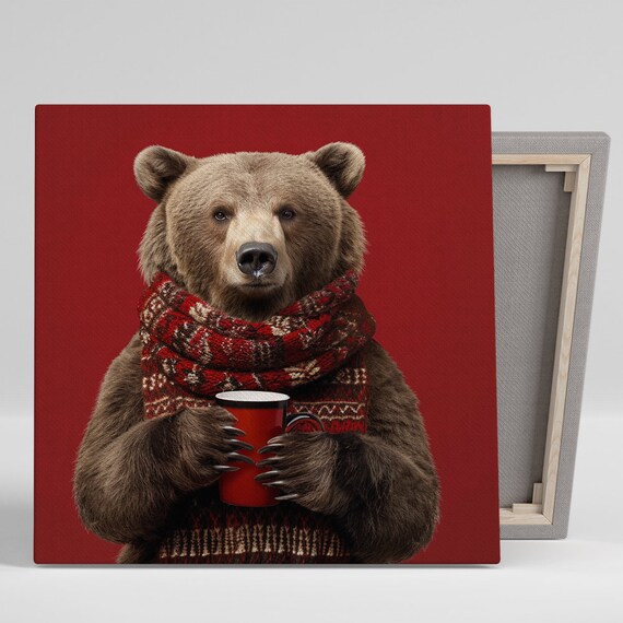 Cozy Brown Bear With Coffee Mug Red Sweater Holiday Kitchen Poster