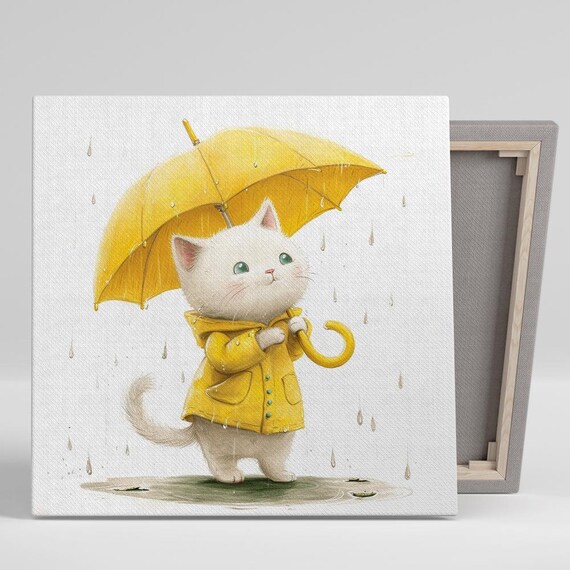 Adorable Kitten Yellow Umbrella Raincoat Rainy Day Whimsical Cat Wall Art Print