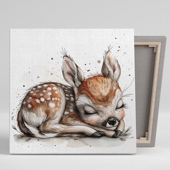 Sleeping Fawn Wall Art Or Poster Whimsical Animal Nature Decor Nursery Childrens Room Bedroom Wall Art Brown Orange Beige White