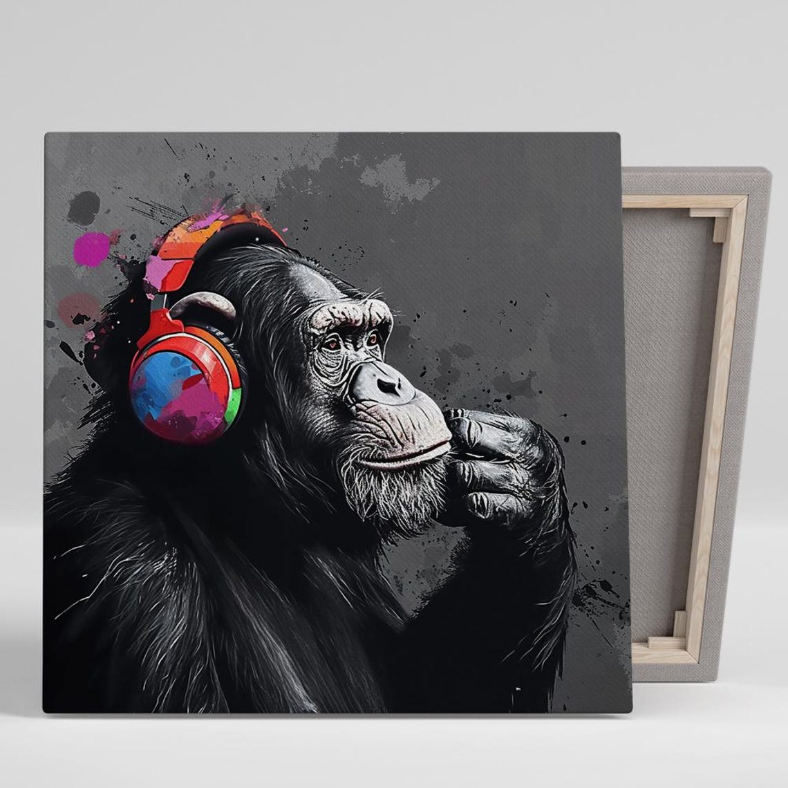 Chimpanzee Headphones Thinking Pose Pop Art Colorful Music Wall Poster
