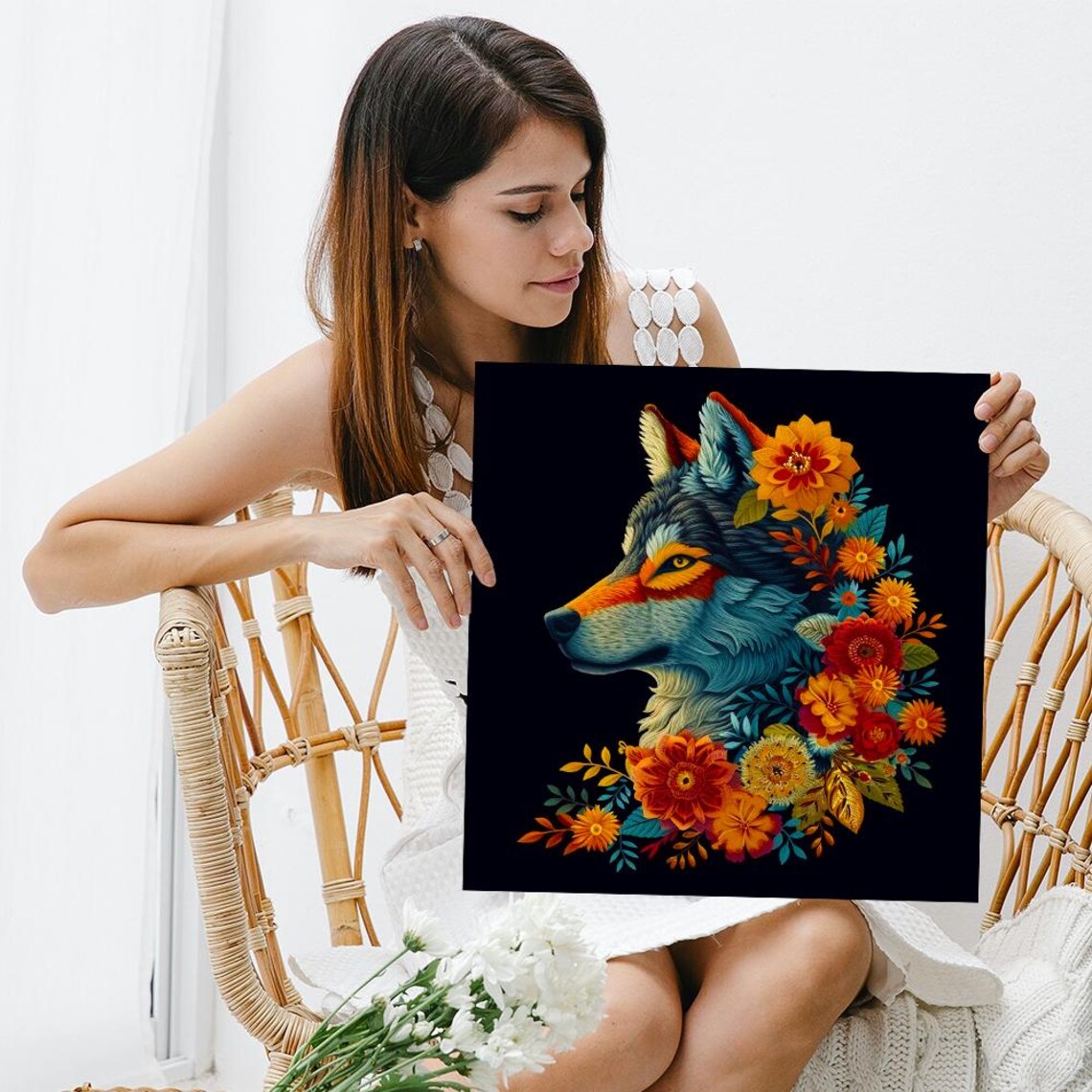 Wolf Head With Flowers On Black Background Floral Animal Wall Art Poster - Image 3