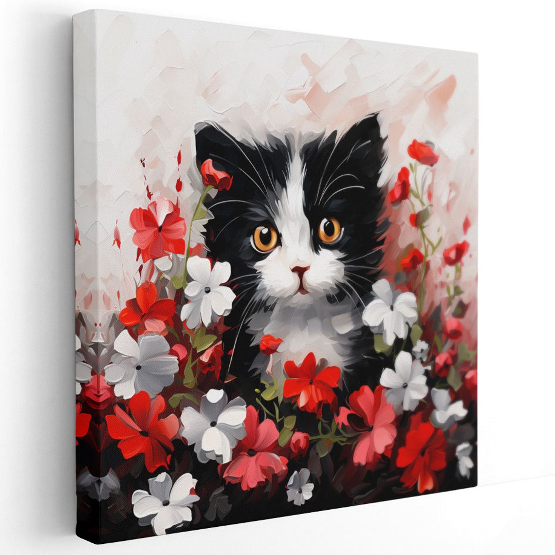 Black And White Kitten Among Red Flowers Cute Floral Cat Canvas Poster - Image 2