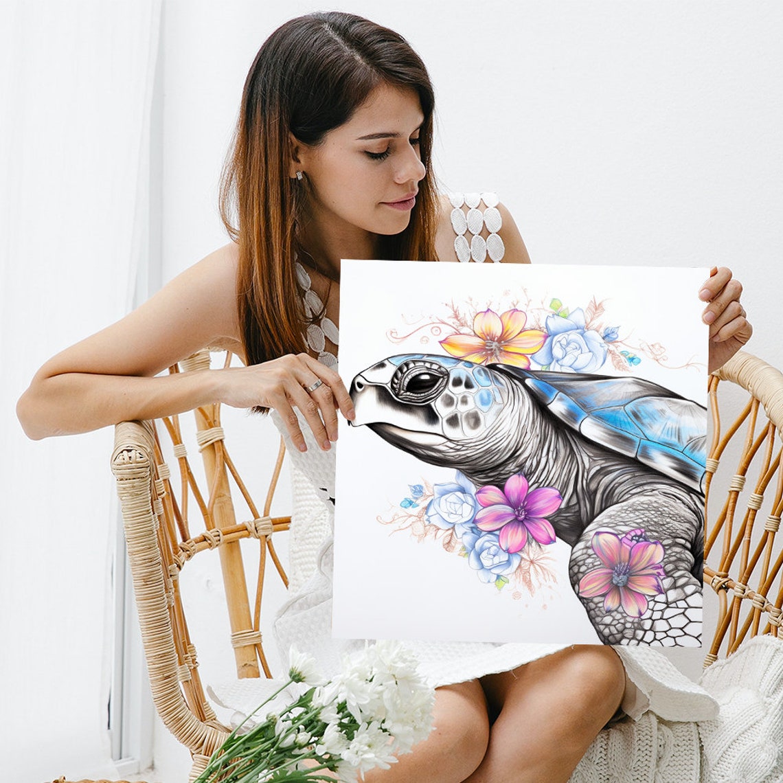 Elegant Sea Turtle with Blooming Flowers Blue Shell Nature Wall Poster - Image 3