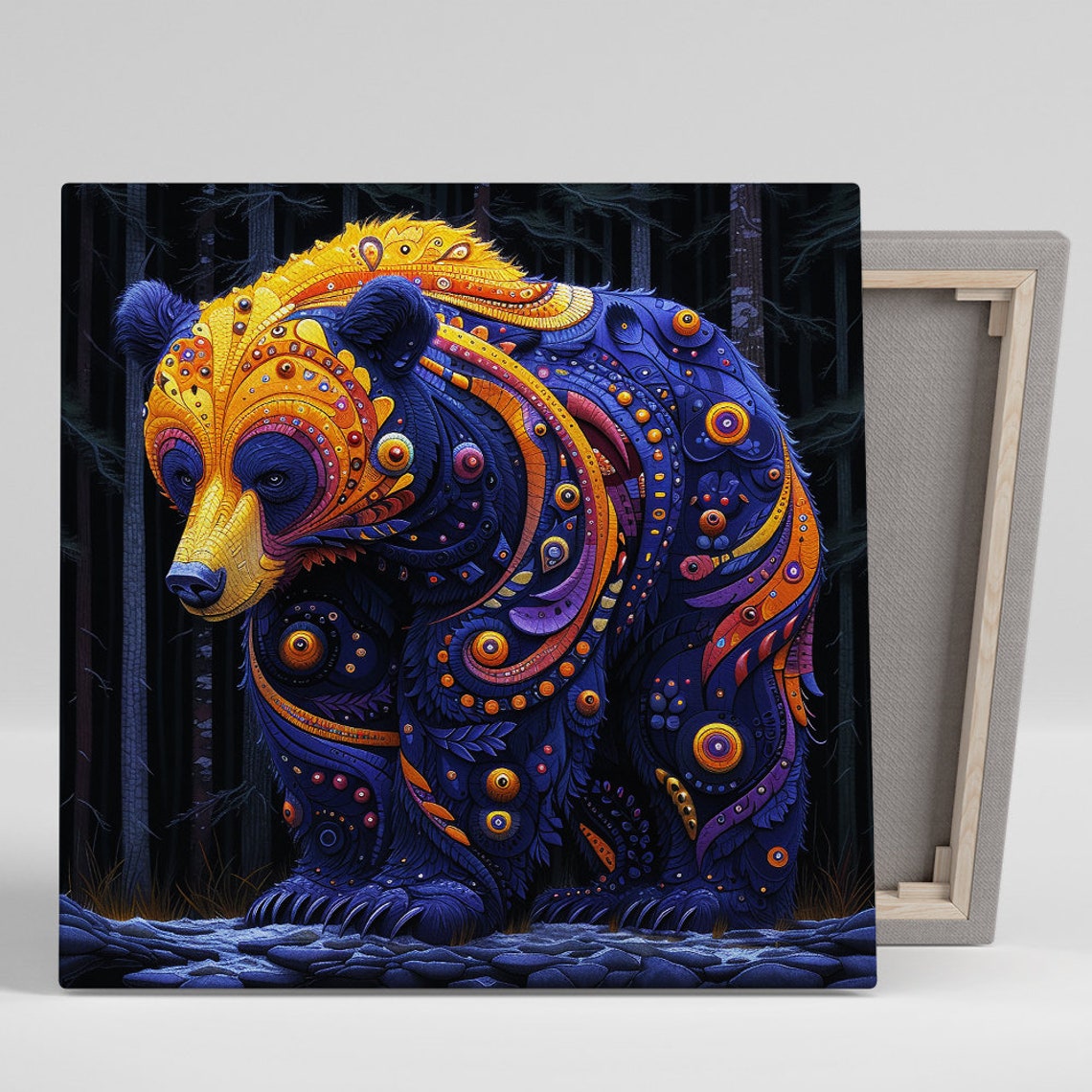 Cosmic Bear Ornate Blue Gold Patterned Night Forest Wall Poster