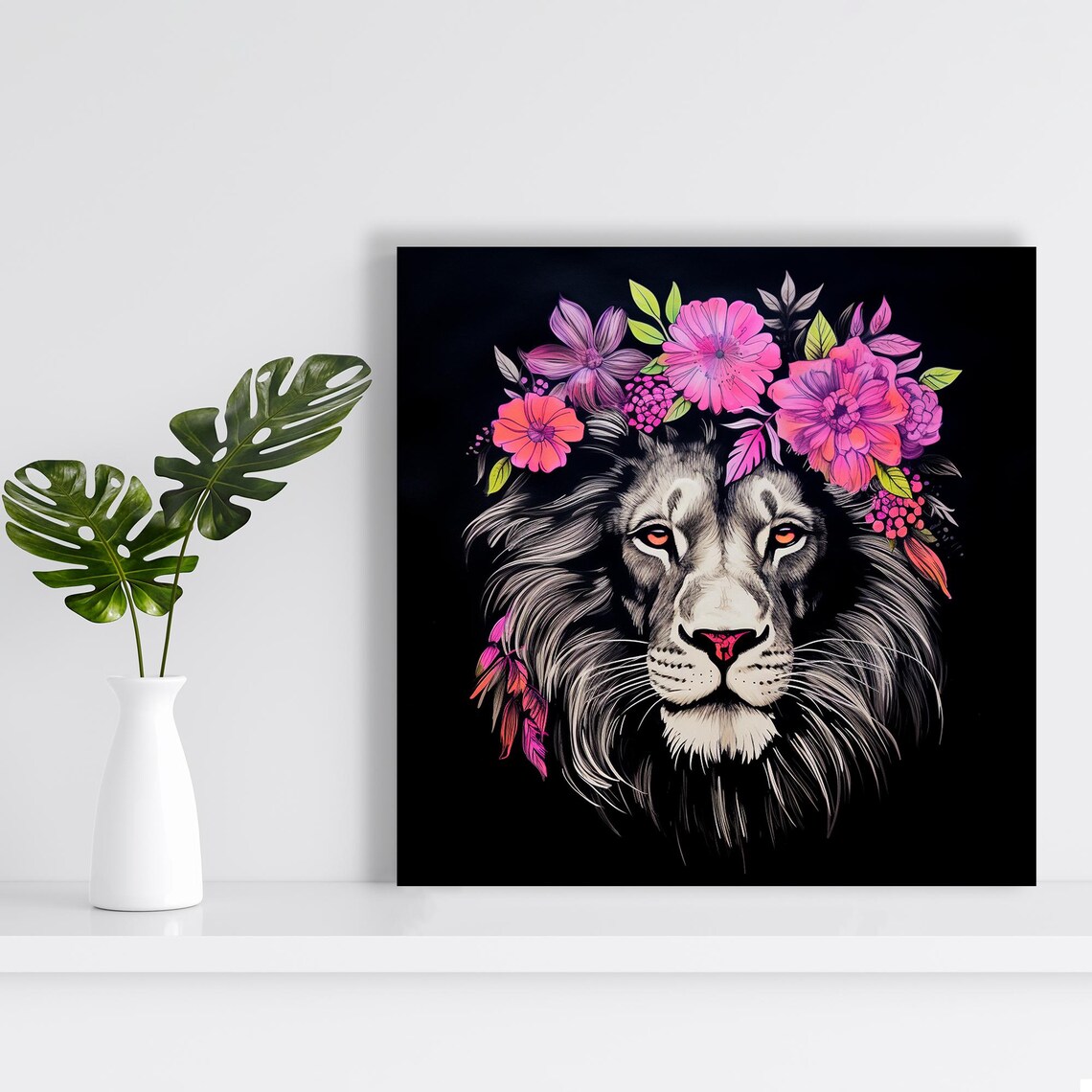 Floral Majesty Lion Crown Pink Wildflowers Bold Black Background Wall Poster - Image 2