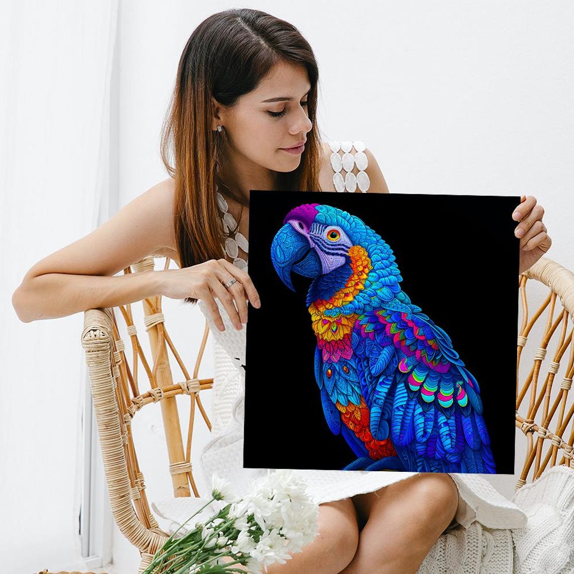 Kaleidoscopic Macaw Parrot Portrait In Vivid Blue Feathers Art Poster - Image 3