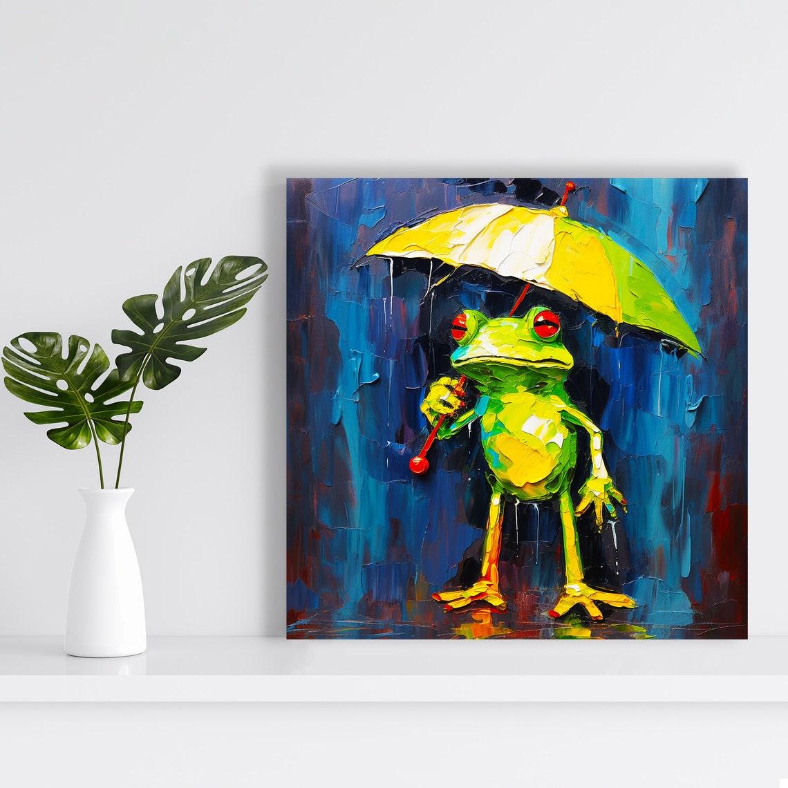 Frog Holding Yellow Umbrella in Rain Impasto Painting Poster - Image 2