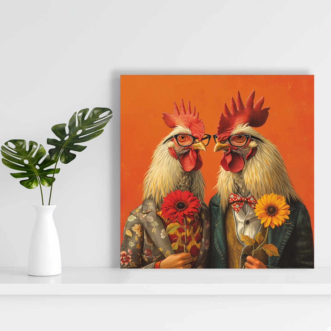 Scholarly Roosters In Bloom, Whimsical Retro Art Print - Image 2