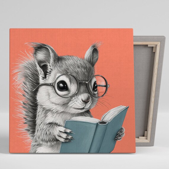 Scholarly Squirrel Reading Book Poster Cute Squirrel With Glasses Coral Print