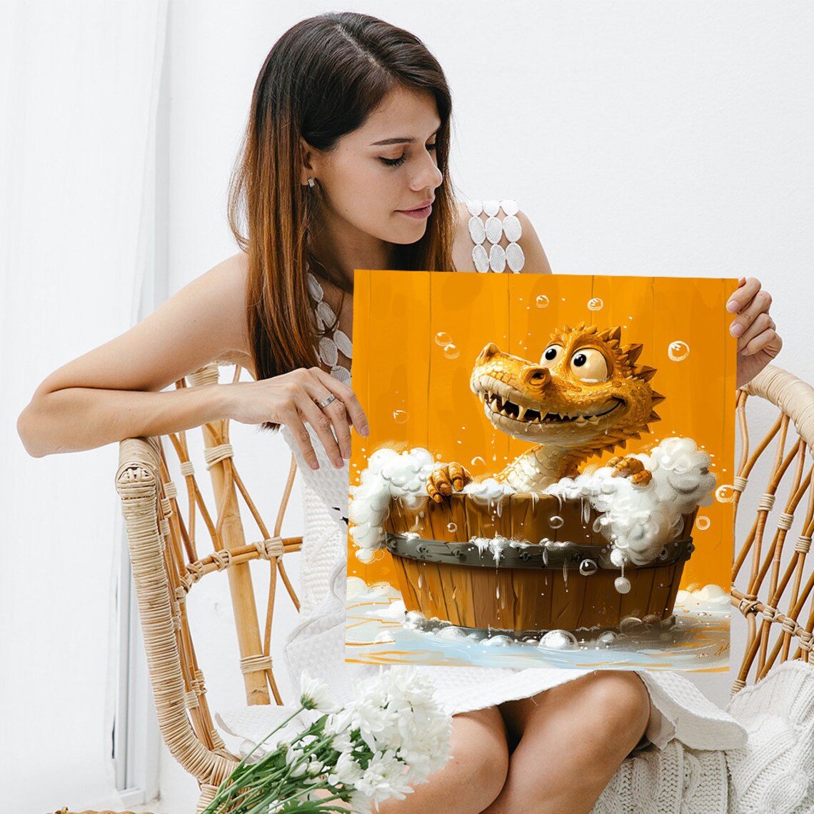Baby Dragon Bubble Bath Wooden Tub Orange Cute Whimsical Art Poster - Image 3
